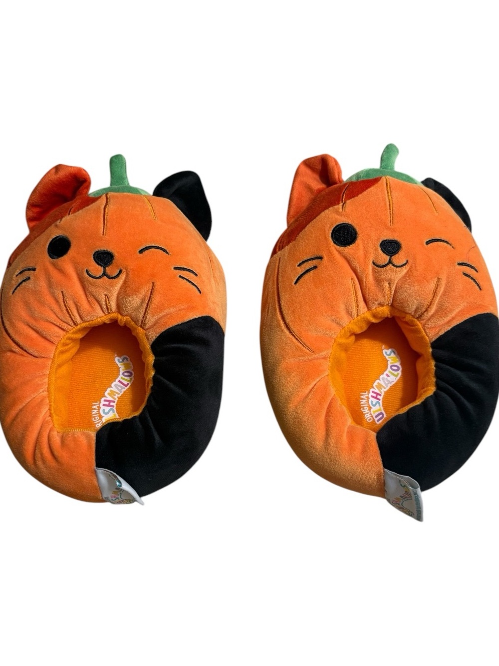 SQUISHMALLOWS Plush Orange Pumpkin Cat Kids Slippers Size 2/3
